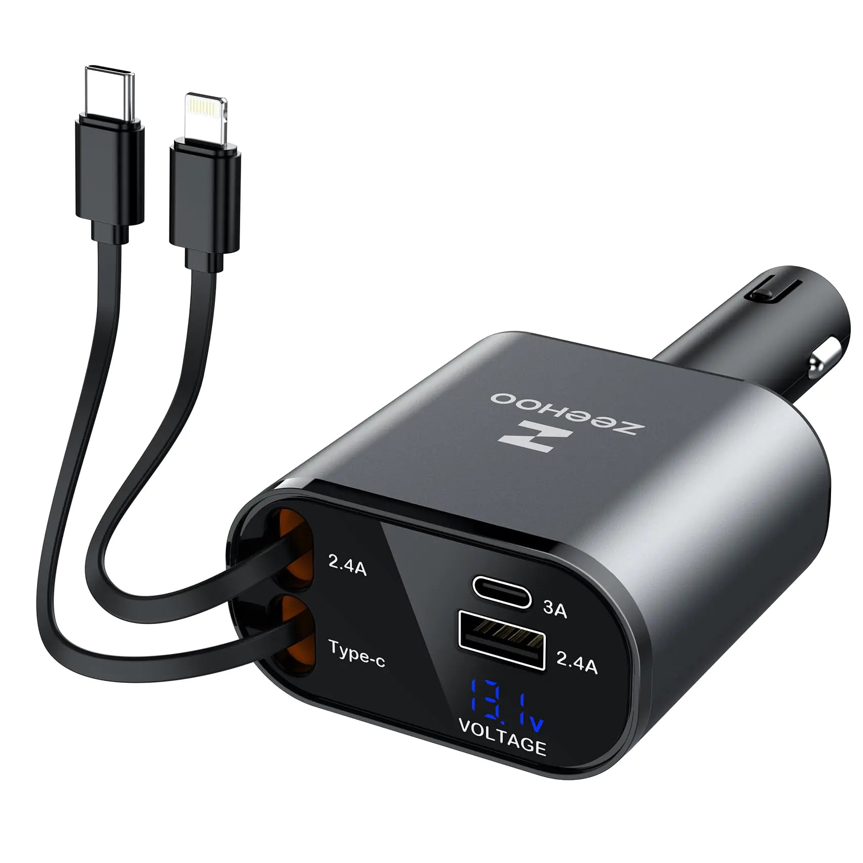 ZEEHOO Retractable Car Charger - 4 in 1 Car Charger Fast Charge Car Accessories Car Charger USB C - Compatible with iPhone and Android Devices